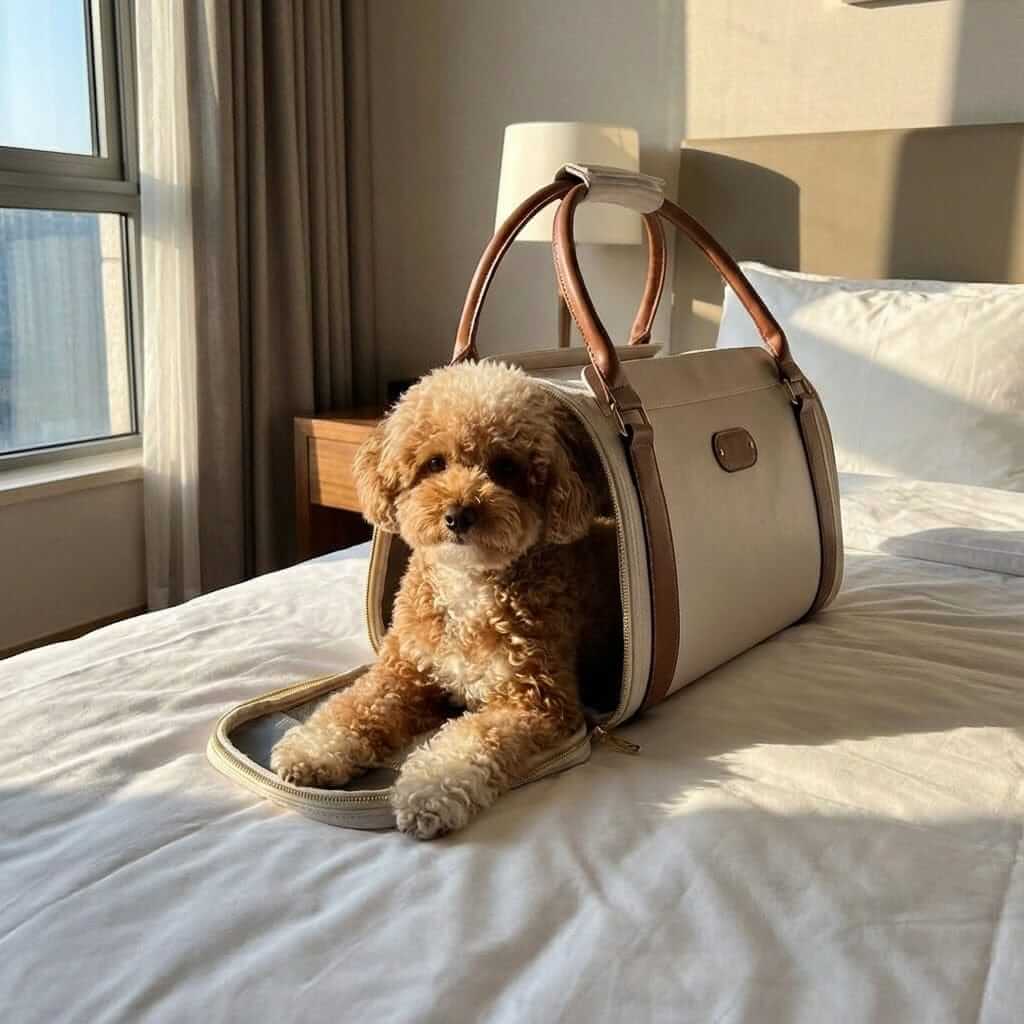 Chic Leather Pet Bag with small dog resting inside on a bed, showcasing luxury and comfort for dogs and cats.