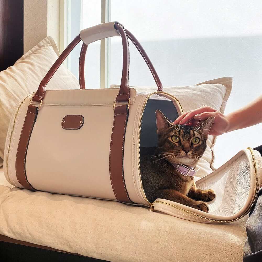 Chic Leather Pet Bag showcasing a stylish cat carrier with waterproof leather for comfortable travel.