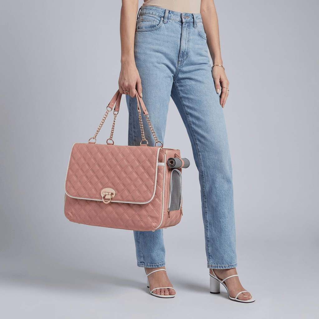 Chic Leather Pet Carrier stylishly carried by a woman, showcasing premium leather and chic design for dogs & cats.