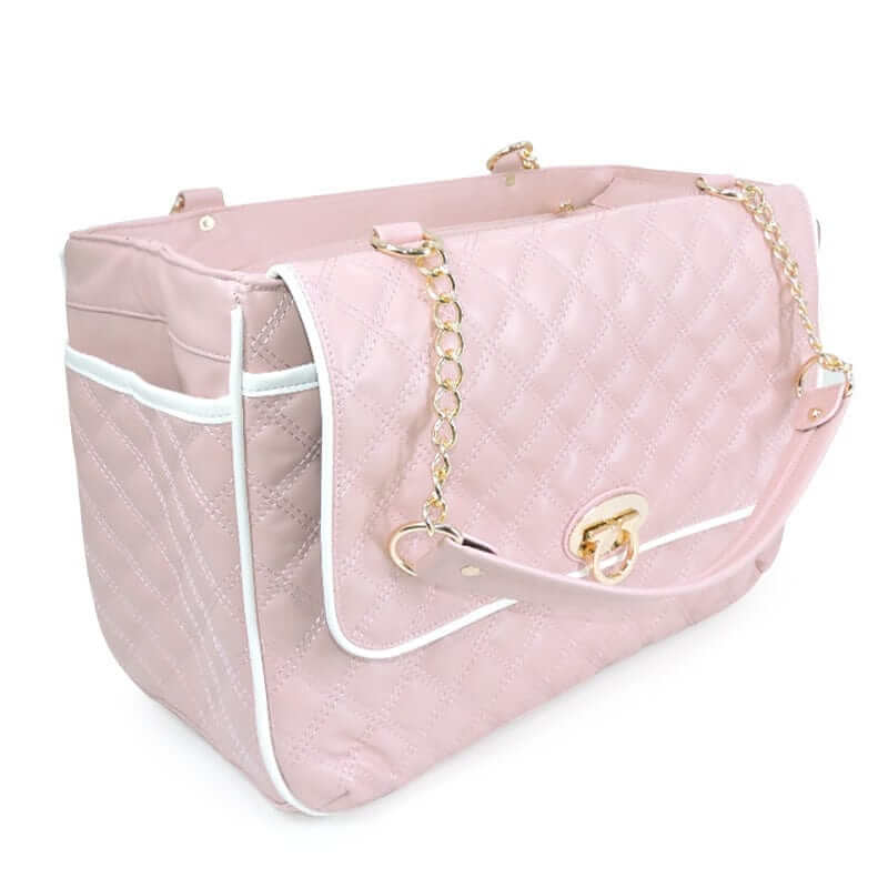 Chic Leather Pet Carrier in soft pink, premium quilted design, suitable for small dogs and cats, luxurious and stylish.