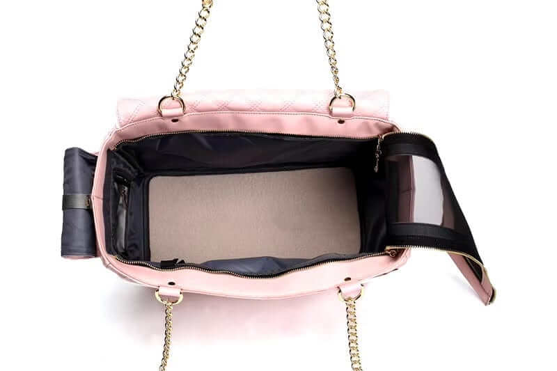 Chic Leather Pet Carrier interior view showing stylish pink design and spacious compartment for dogs and cats.