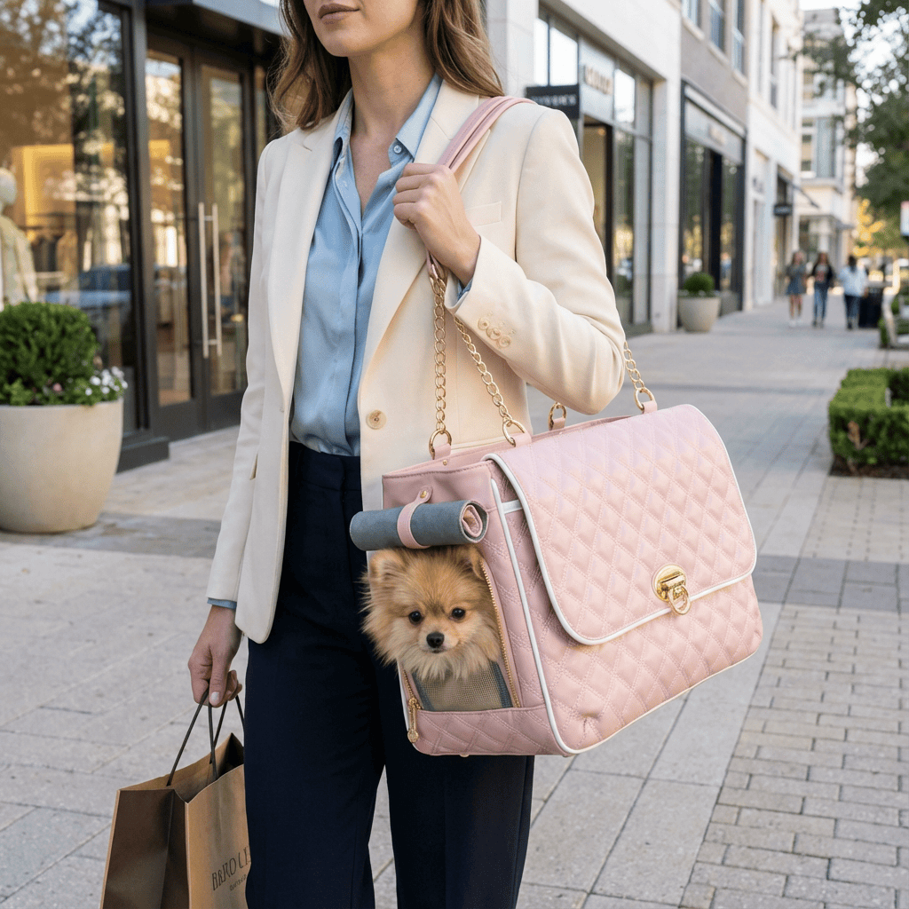 Chic Leather Pet Carrier with small dog, stylish pet travel carrier for dogs and cats, luxury pet gear.