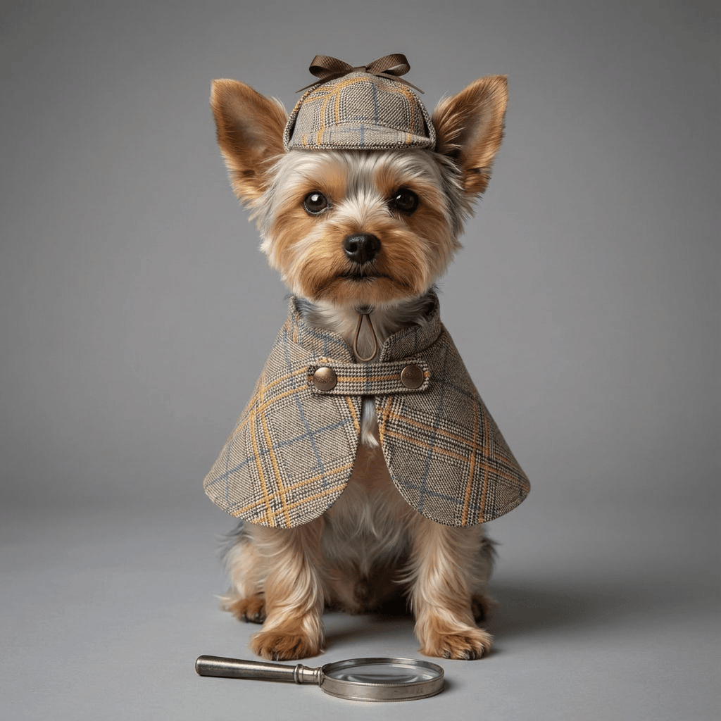 Chic Tweed Denim Dog Spring Fall Coat featuring a stylish pup dressed in a tweed cloak and cap by Dogs & Cats brand.