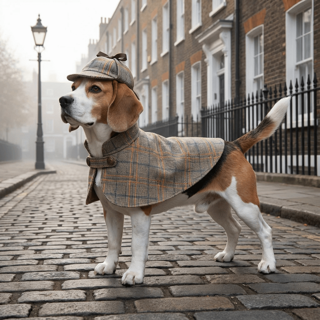 Chic Tweed Denim Dog Spring Fall Coat on a Beagle with a stylish plaid cloak and hat for dogs in an urban setting.