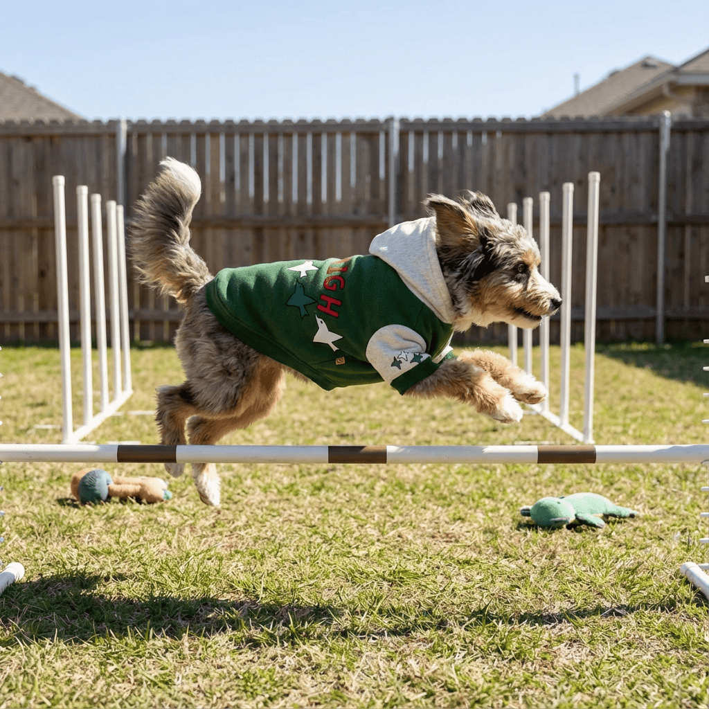 ChicPaw Korean Dog Hoodie on a dog jumping over agility hurdles in a sunny backyard.