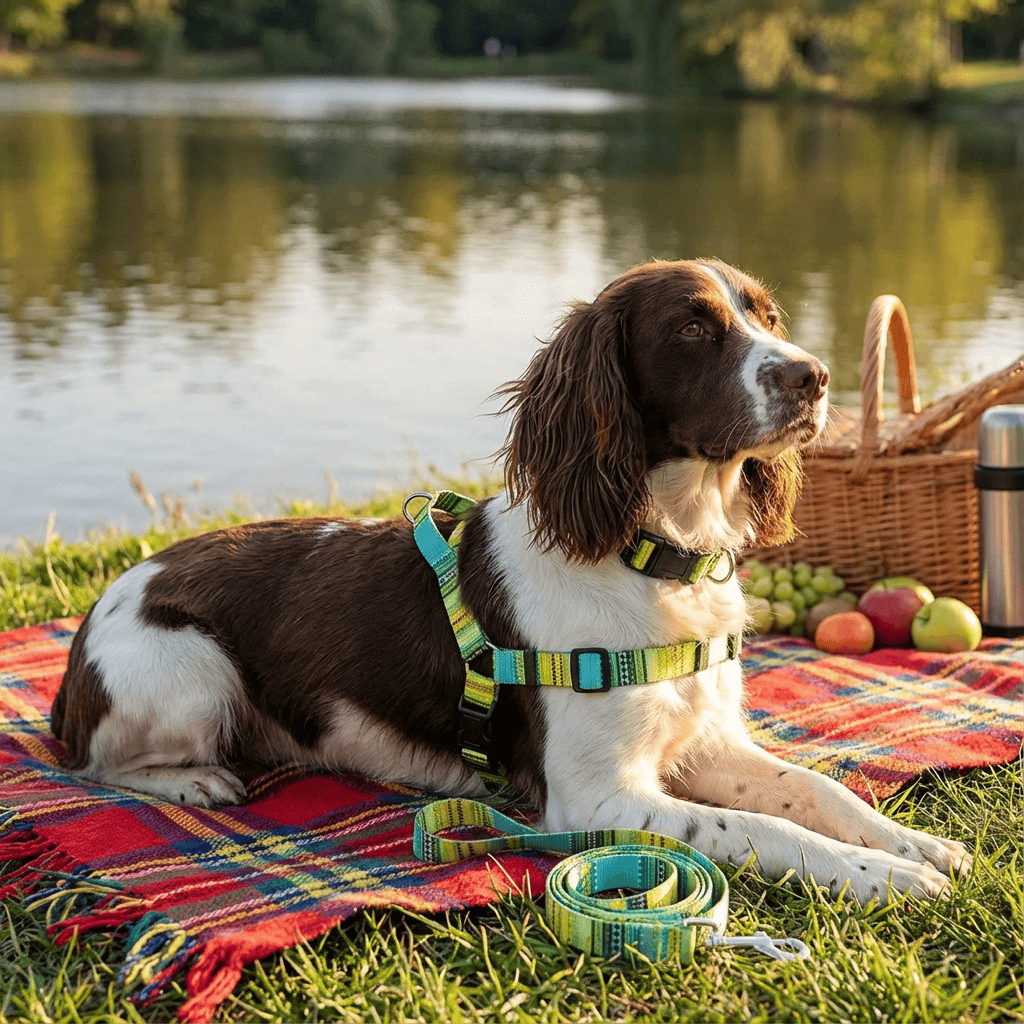 ChicPaws Dog Harness Set for dogs featuring a stylish adjustable harness, matching collar, and leash during a picnic.