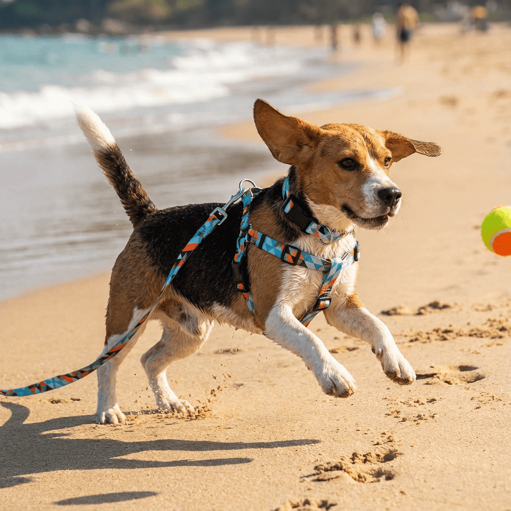 ChicPaws Dog Harness Set on a Beagle enjoying the beach, featuring stylish design and comfort for dogs.