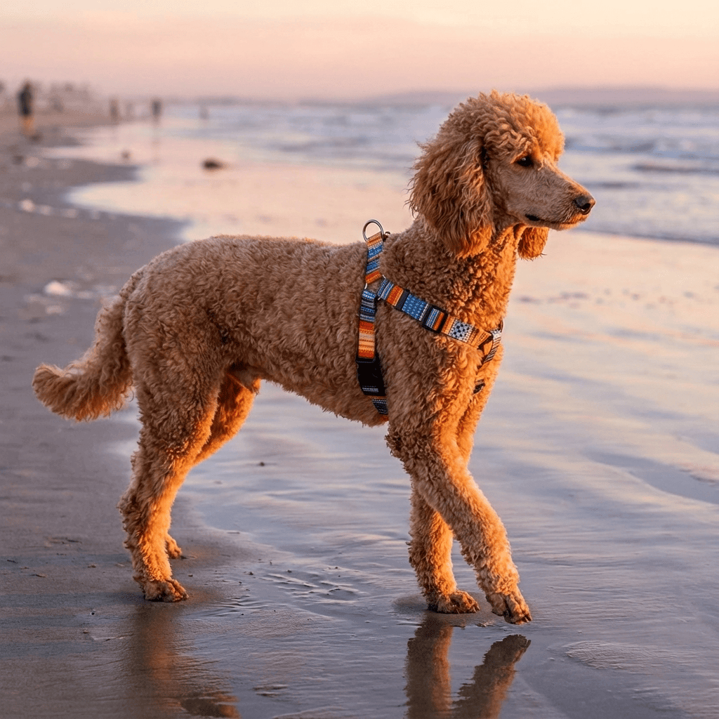 ChicPaws Dog Harness Set on a stylish dog walking on the beach during sunset, showcasing comfort and design for dogs.