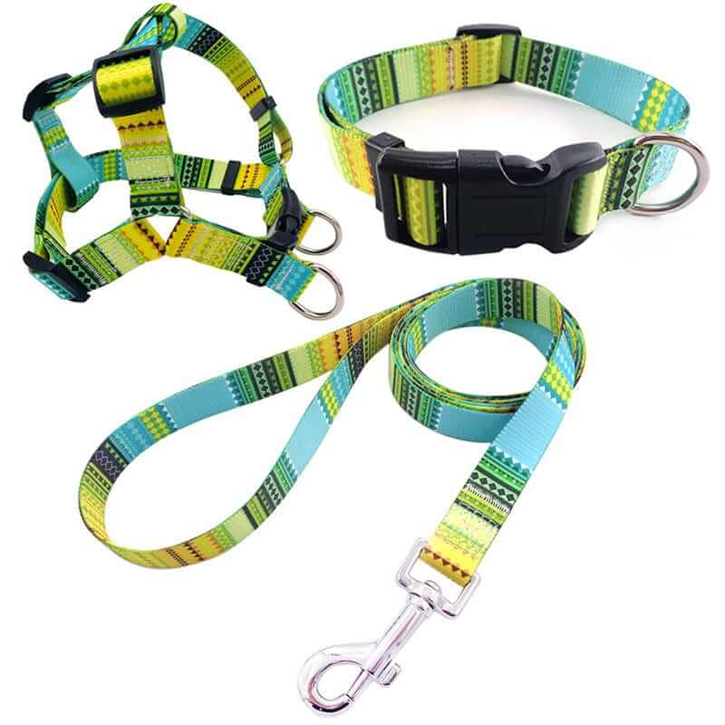 ChicPaws Dog Harness Set featuring colorful adjustable harness, collar, and leash for dogs and cats.