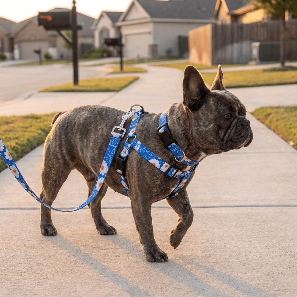 ChicPaws Dog Harness Set on a stylish French Bulldog during a walk, highlighting comfort and control for dogs.
