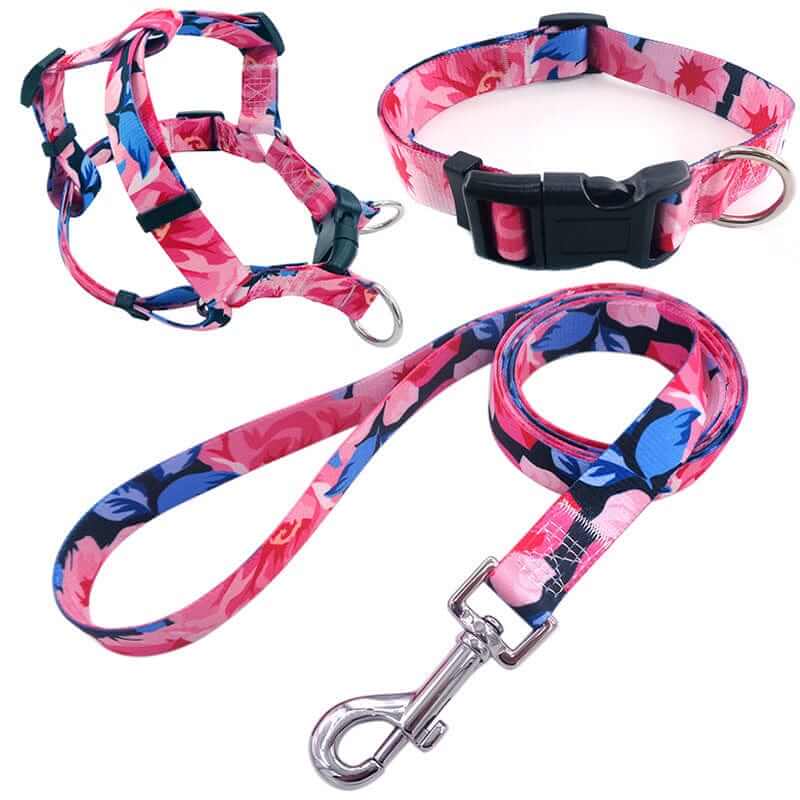 ChicPaws Dog Harness Set featuring adjustable harness, matching collar, and floral leash for stylish walks with Dogs & Cats.
