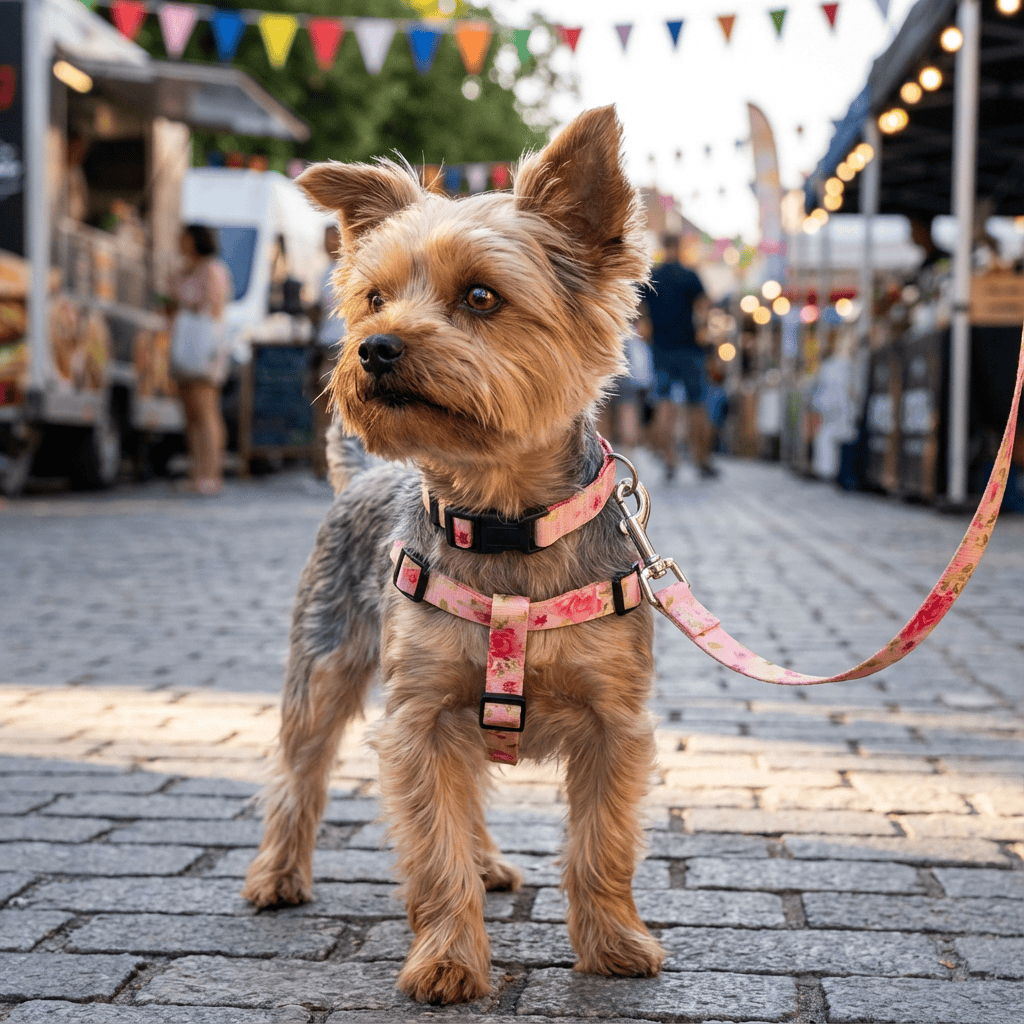 ChicPaws Dog Harness Set on a stylish dog walking in a market, showcasing a comfortable harness and leash design.