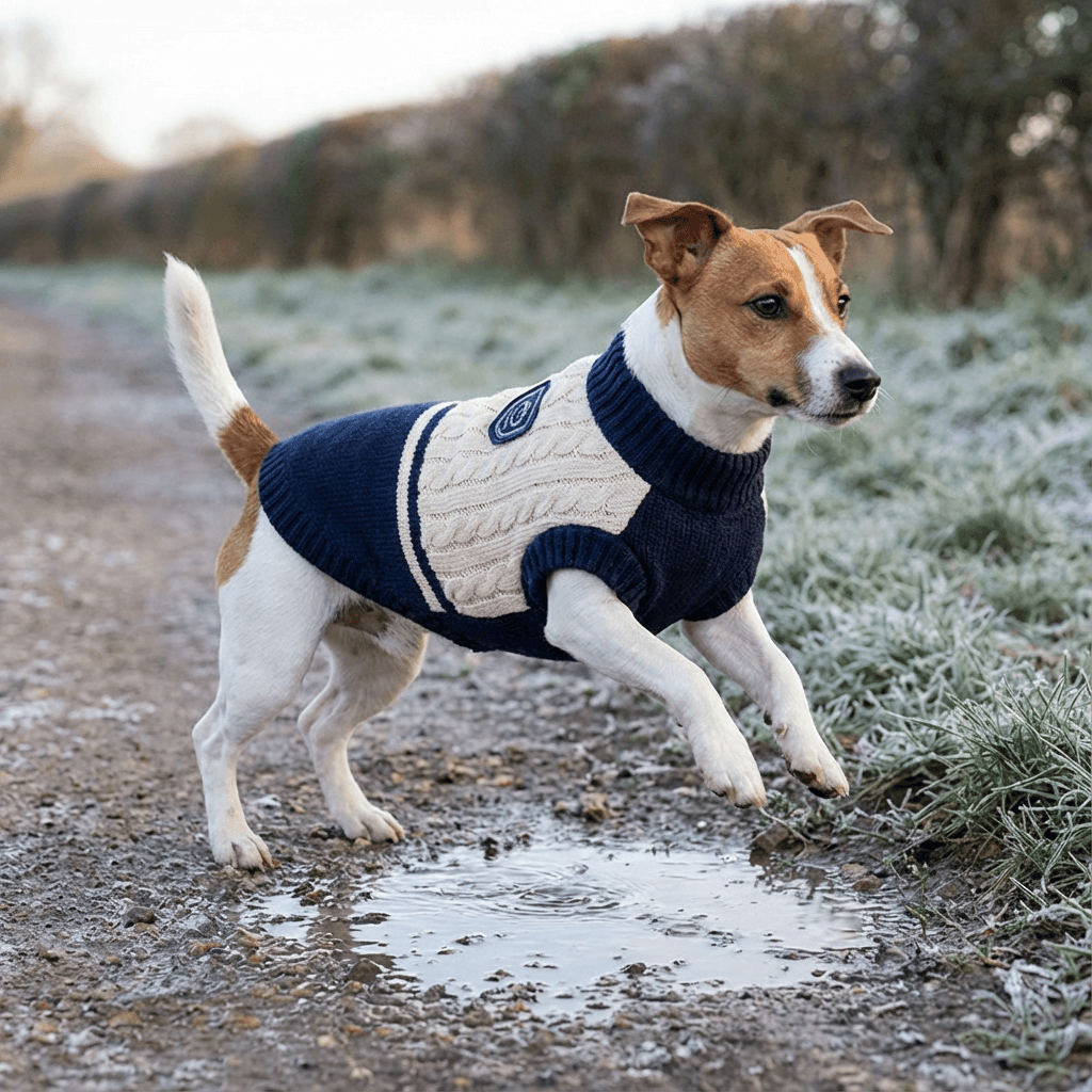 ChicPaws Preppy Dog Sweater on small dog, sleeveless, warm, stylish, perfect for winter outdoor activities.