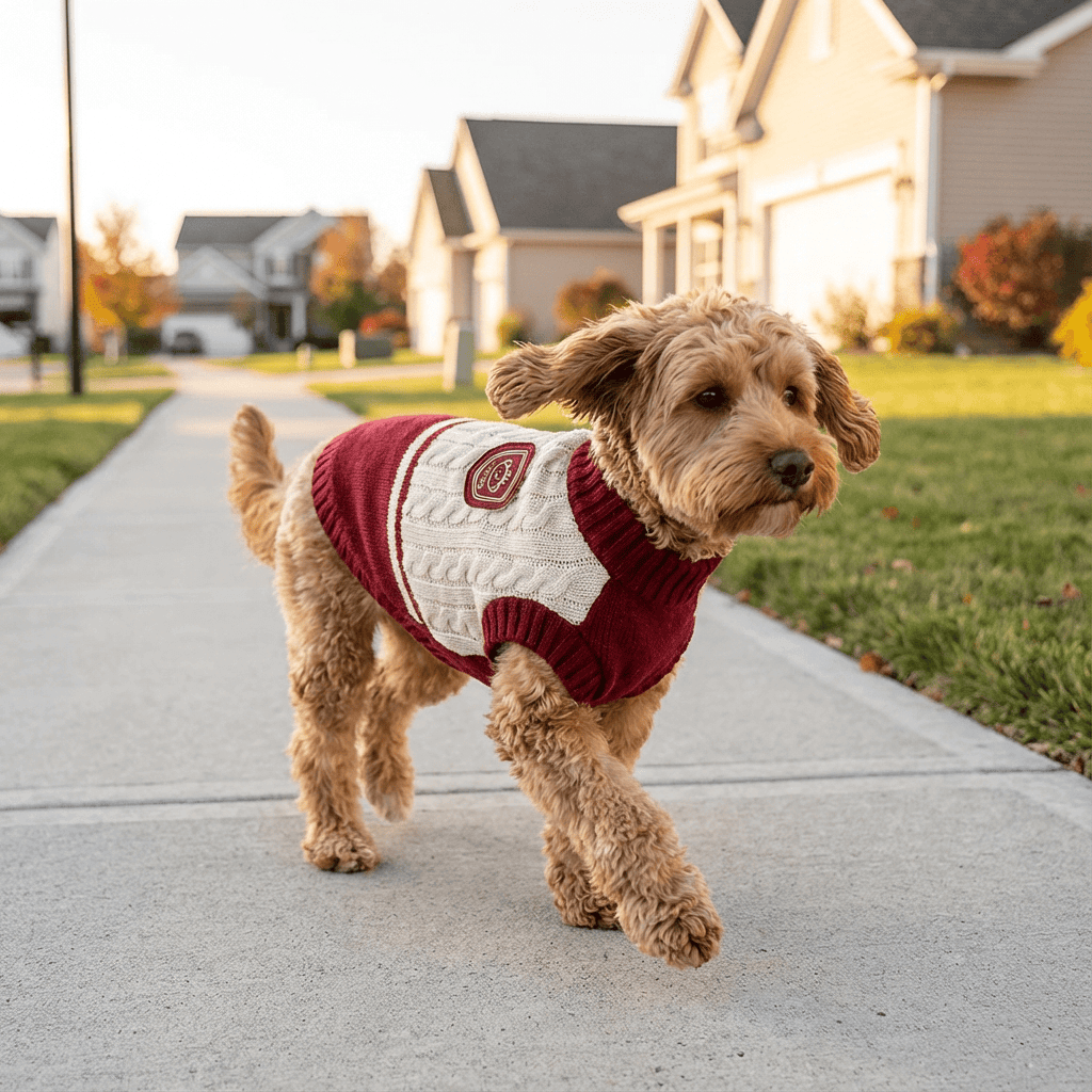 ChicPaws Preppy Dog Sweater on a small dog walking in a neighborhood, stylish and warm for winter, Dogs & Cats brand.