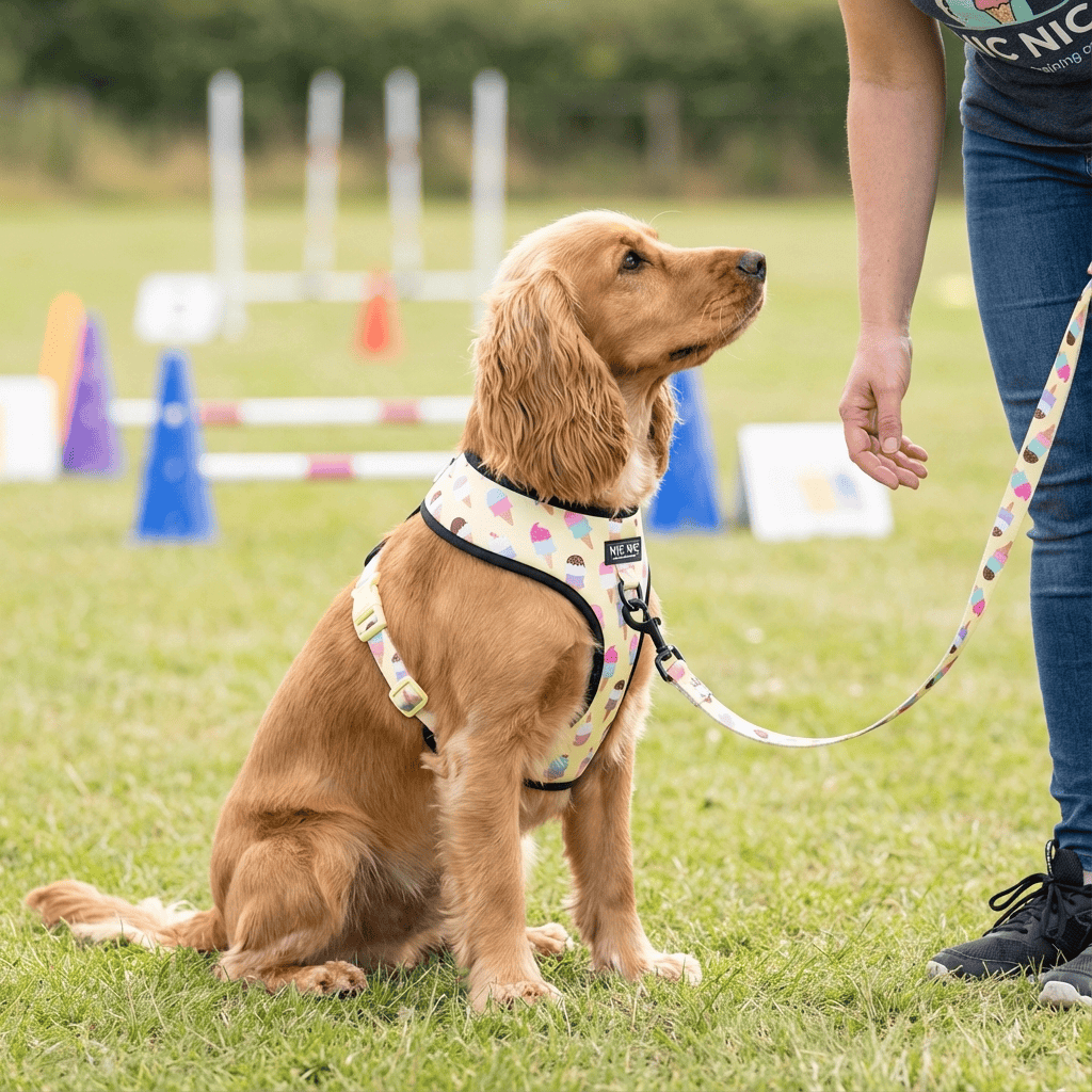 ChicStride Dog Harness & Leash on a golden retriever at a training field, showcasing style and comfort for dogs.