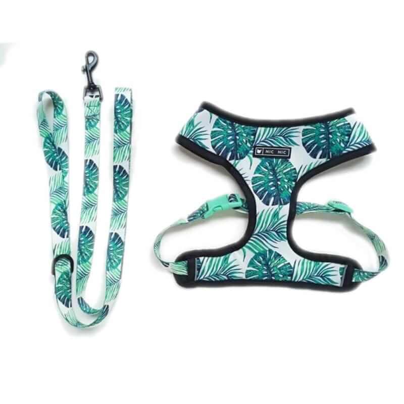 ChicStride Dog Harness & Leash set featuring tropical leaf design for small to medium dogs, by Dogs & Cats.
