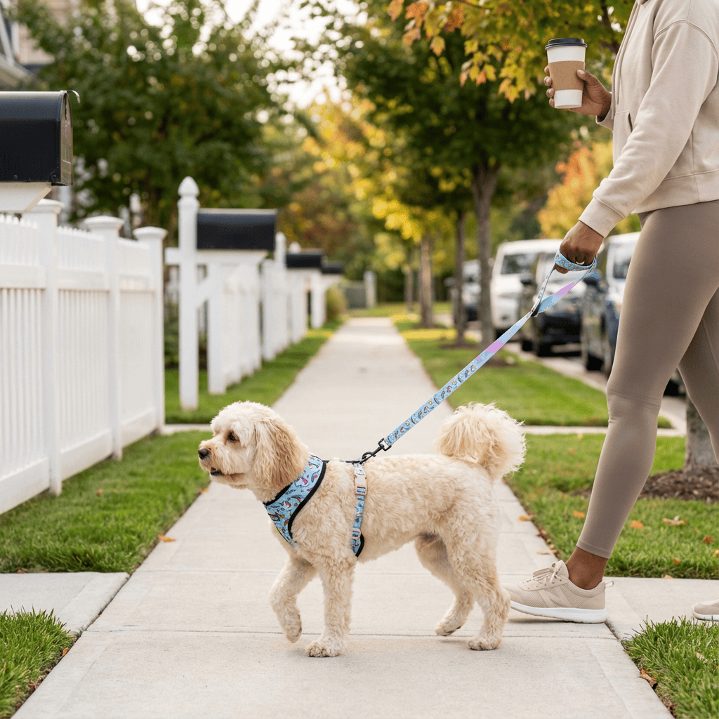 ChicStride Dog Harness & Leash set used on a small dog during a walk in a neighborhood with coffee in hand.