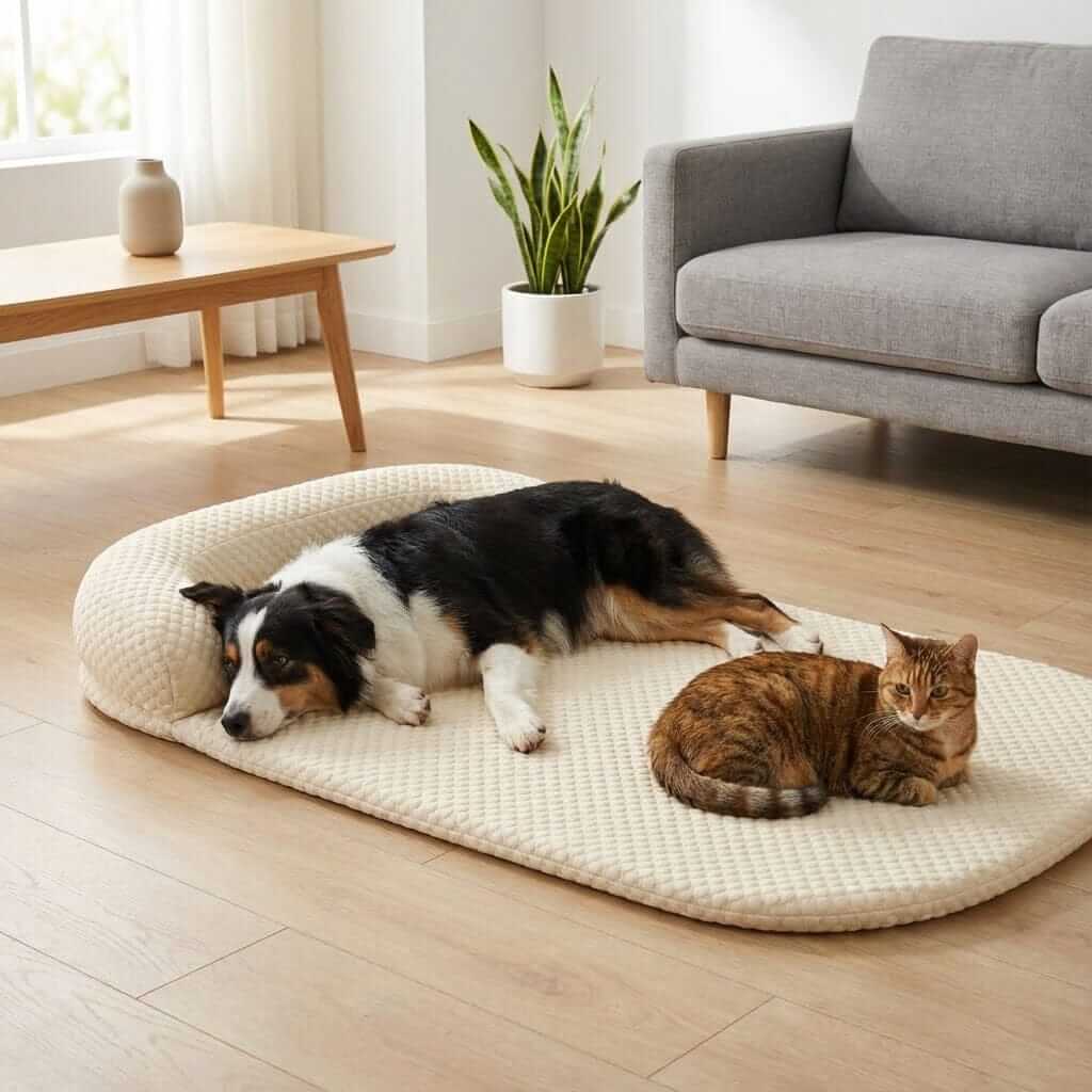 ChillEase Pet Cooling Mat for dogs and cats, featuring breathable design and cooling technology, perfect for relaxing.