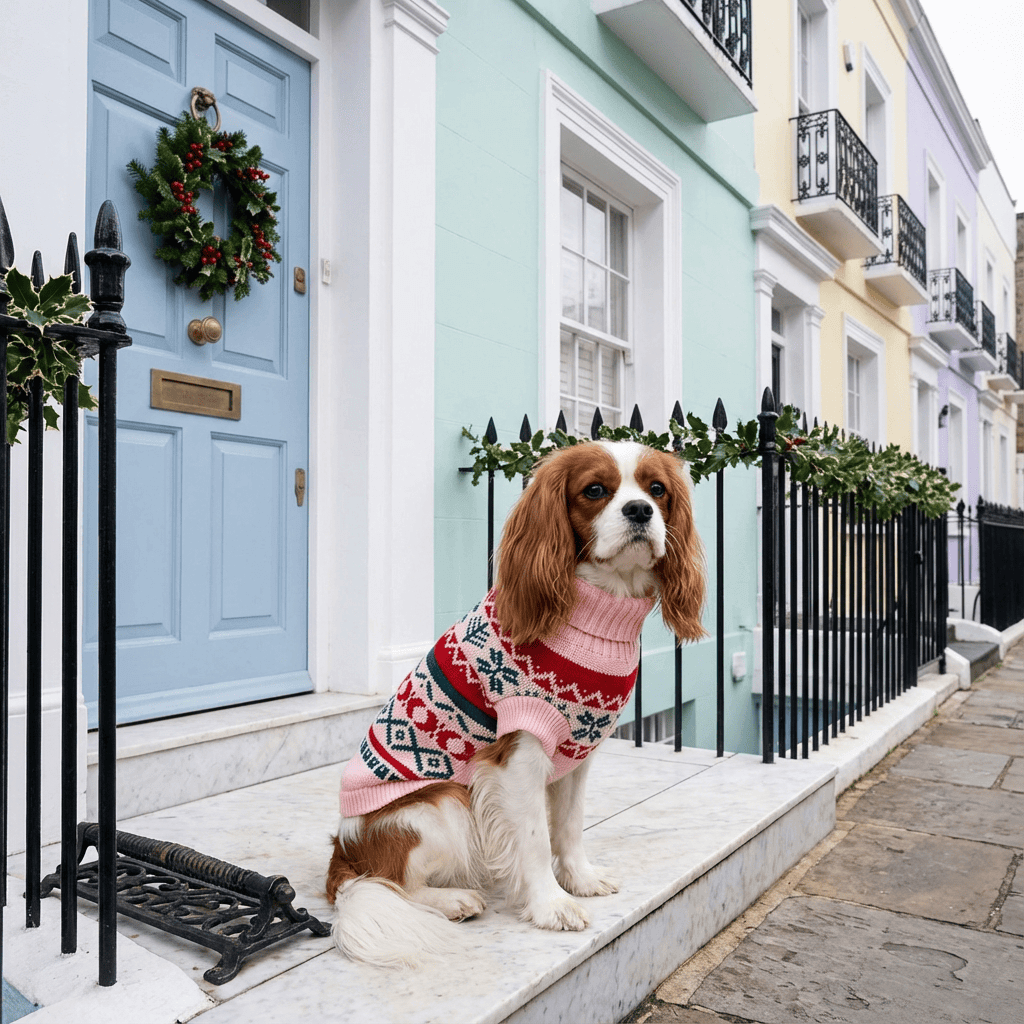 Christmas Pet Lapel Sweater on a dog sitting by a festive door with wreaths, perfect for winter adventures.