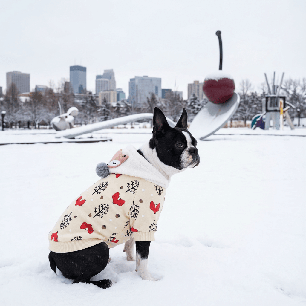 Christmas Tree Printed Dog Top on a Boston Terrier in snow, featuring lightweight cotton, anti-odor tech, by Dogs & Cats.