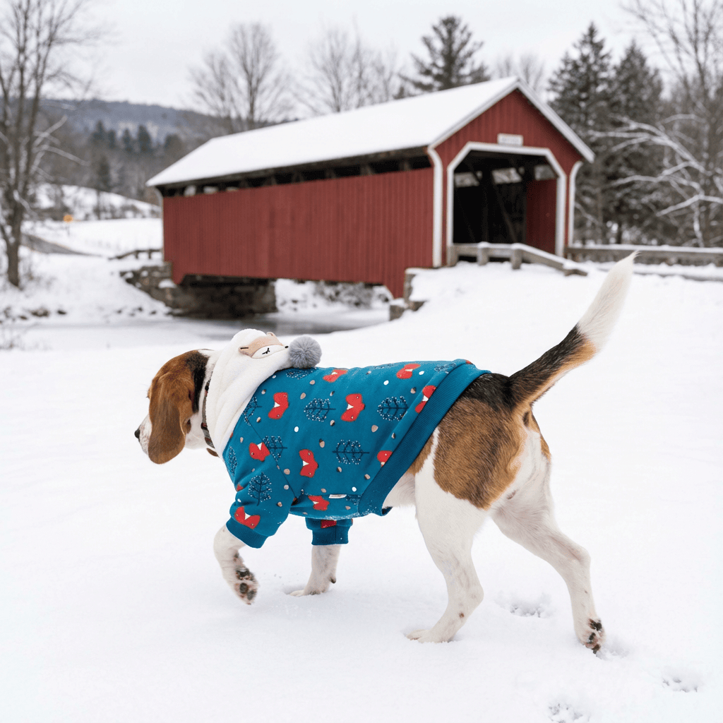 Christmas Tree Printed Dog Top on a Beagle in the snow, featuring cotton material and breathable design by Dogs & Cats.