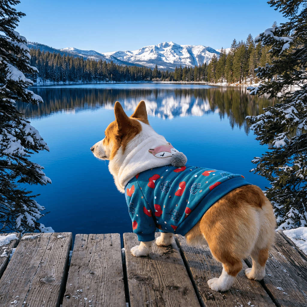 Corgi wearing Christmas Tree Printed Dog Top by Dogs & Cats brand, showcasing breathable cotton with perforated panels in scenic view.