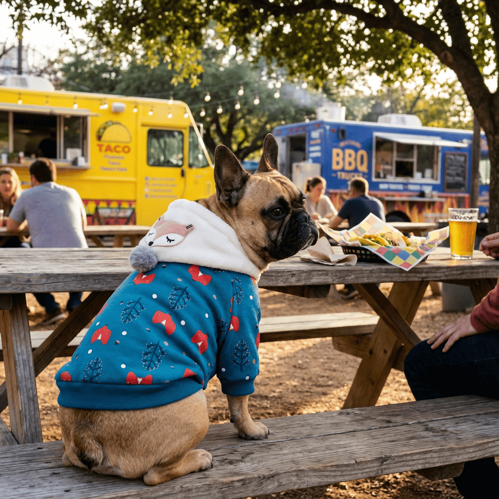 French Bulldog wearing a Christmas Tree Printed Dog Top outdoors near food trucks, showcasing its festive design and cozy fit.