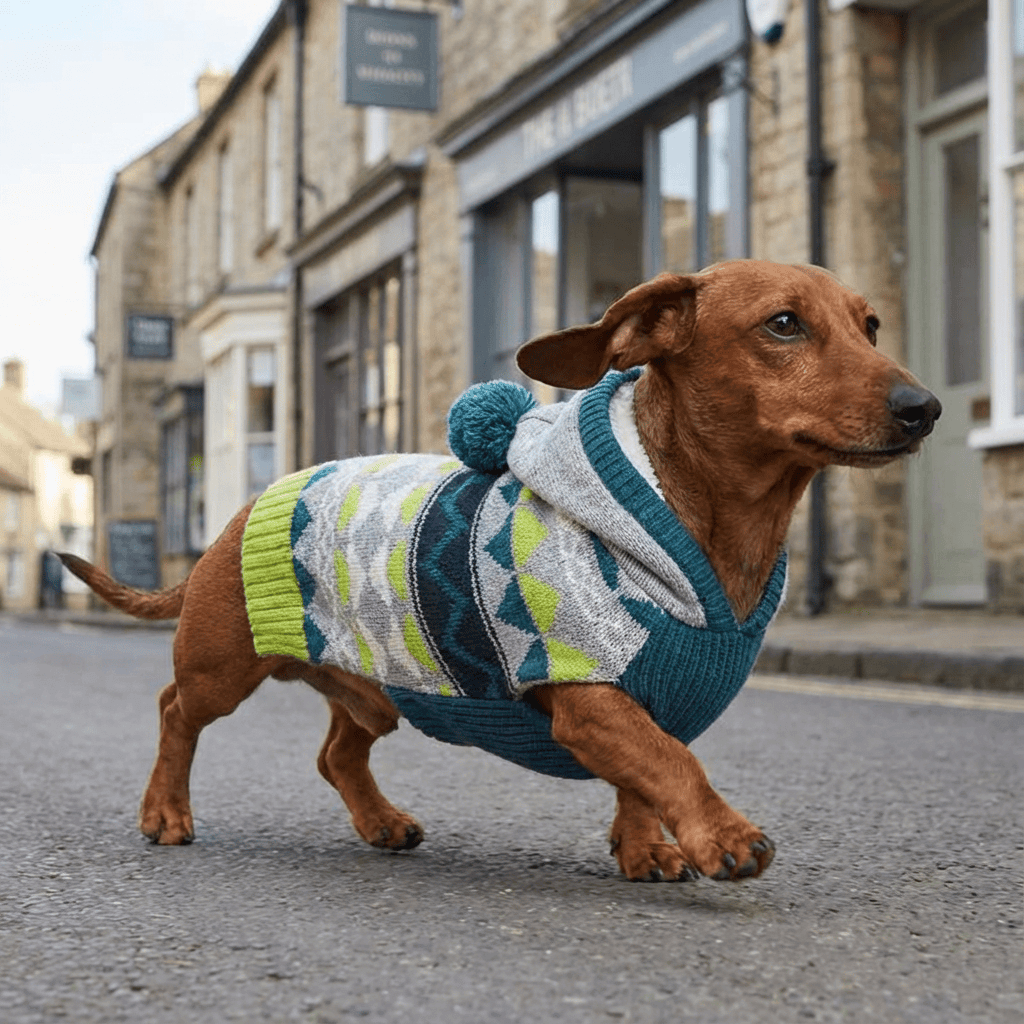 Classic Diamond Pet Sweater on a stylish dog, featuring colorful diamond pattern, ideal for autumn walks.
