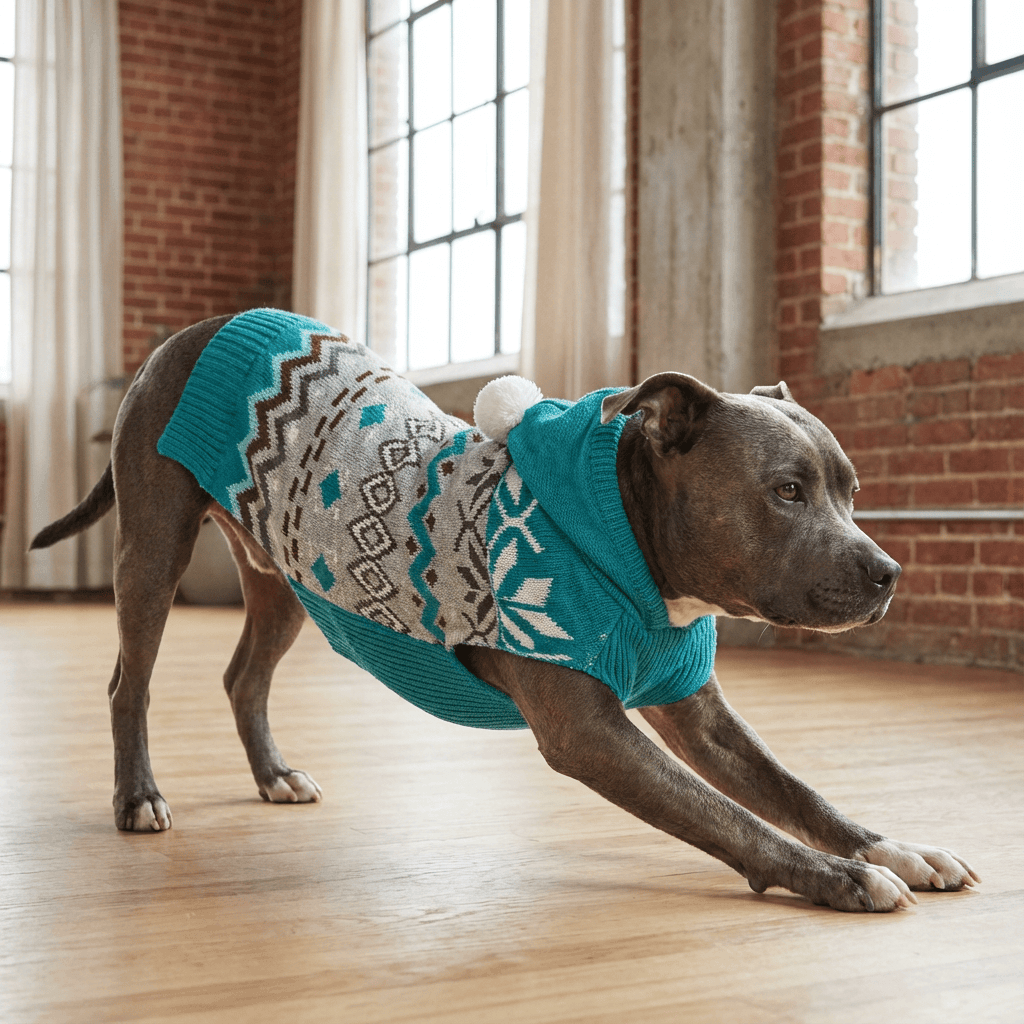Classic Diamond Pet Sweater on a dog stretching indoors, showcasing a stylish diamond pattern for warmth and elegance.