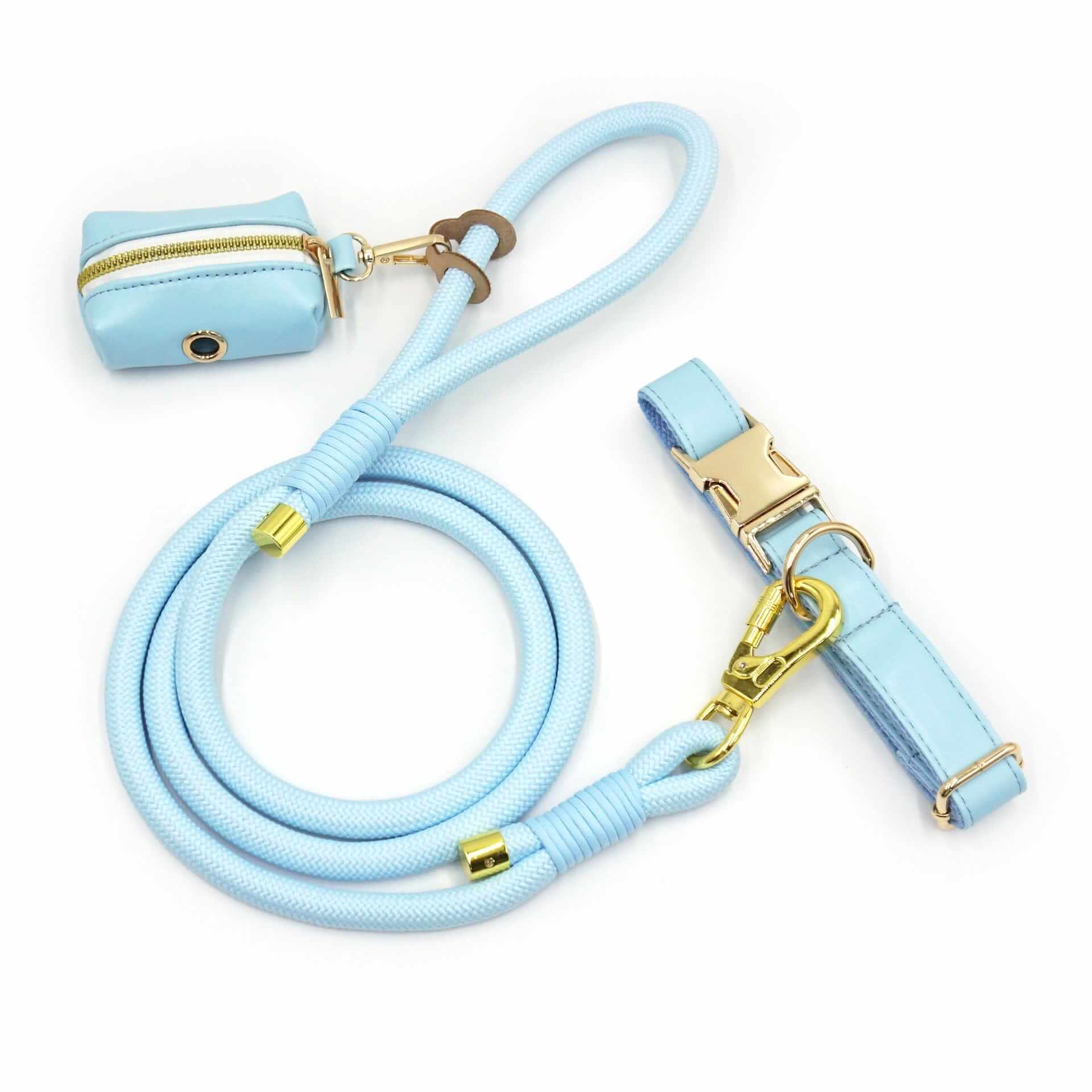 Classic Leather Dog Collar Set featuring light blue collar, leash, and poop bag holder for stylish walks with dogs.