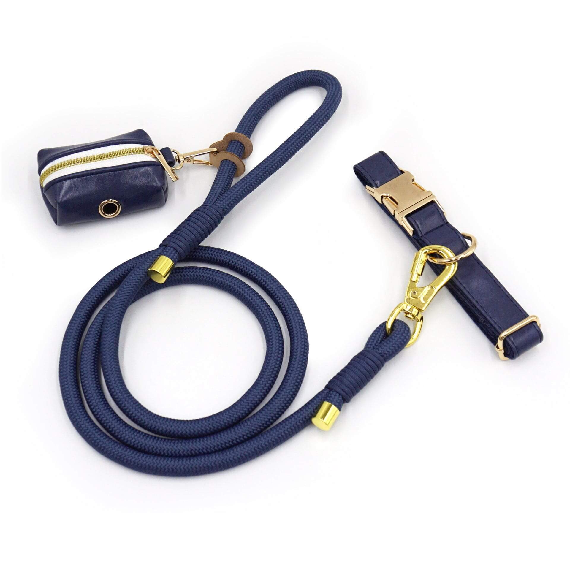 Classic Leather Dog Collar Set including a durable collar, matching leash, and poop bag holder for stylish dog walks.