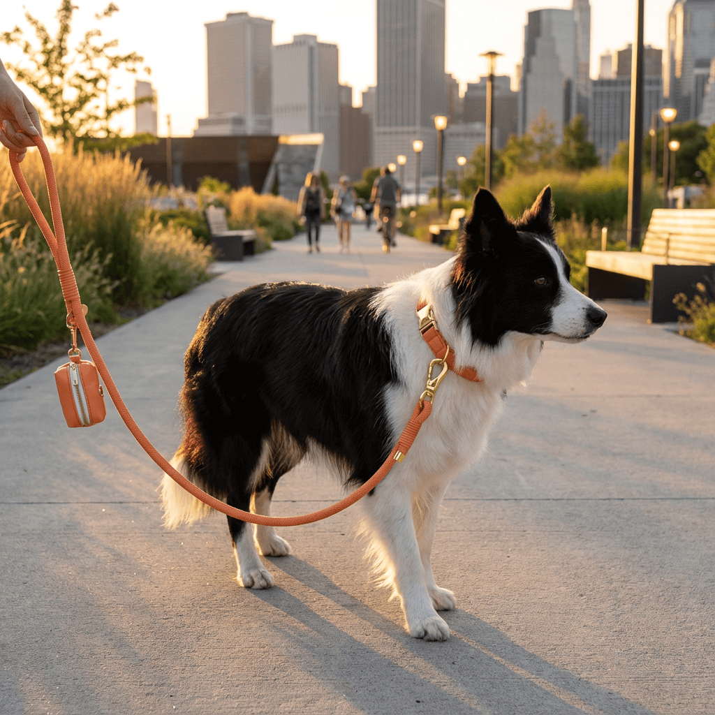 Classic Leather Dog Collar Set featuring a stylish dog with matching leash and poop bag holder on a city walk.