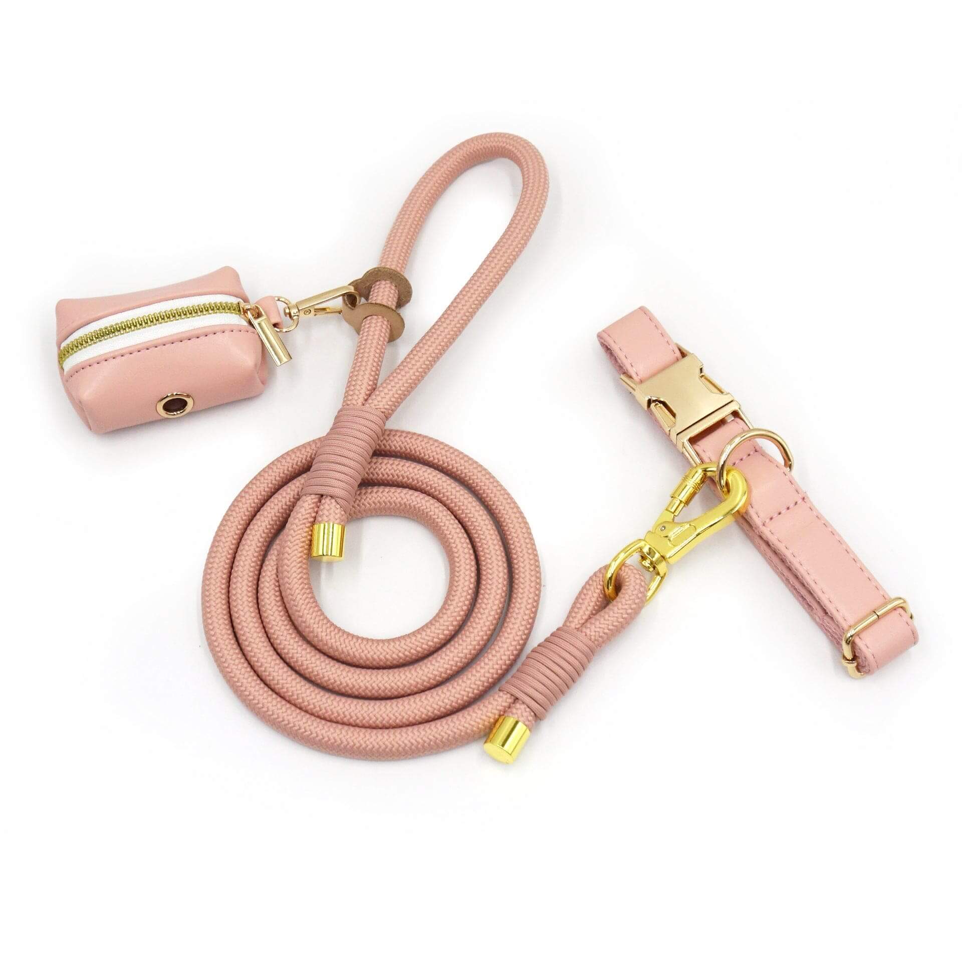 Classic Leather Dog Collar Set featuring a pink leash, collar, and poop bag holder designed for comfortable walks with dogs.