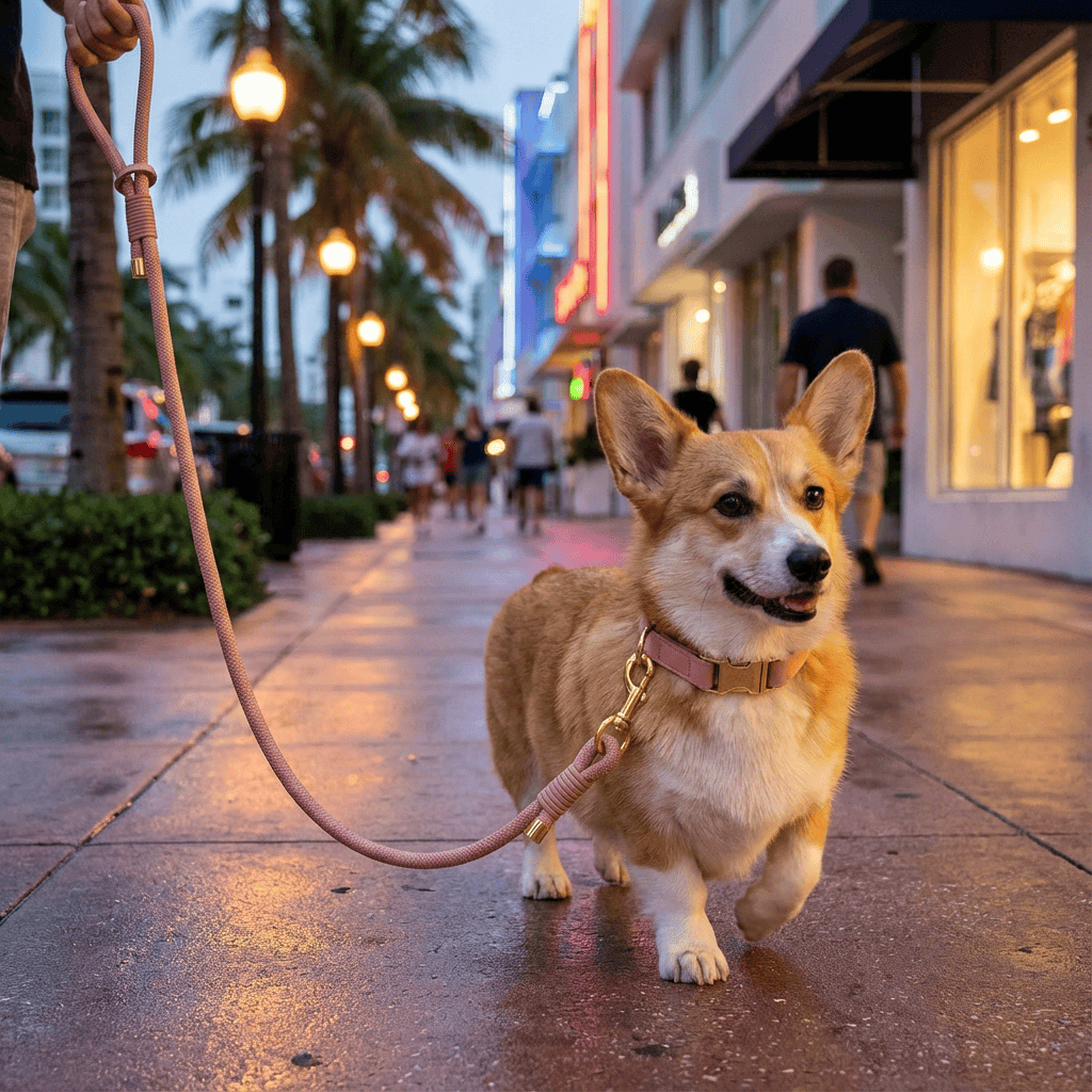 Corgi walking on a city street with a Classic Leather Dog Collar Set and matching leash, enjoying a stylish evening out.