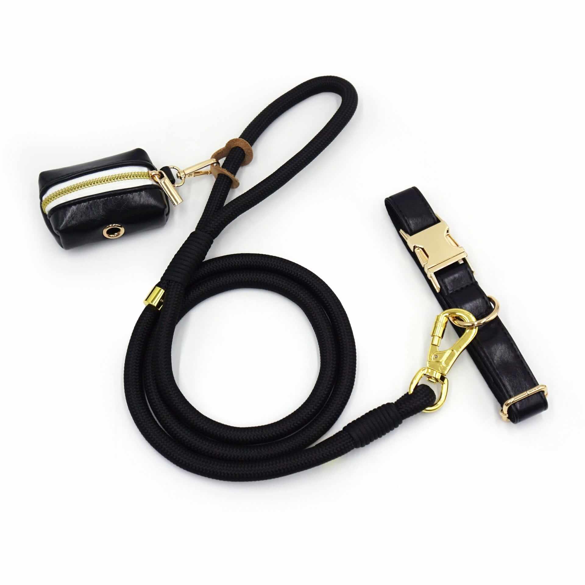 Classic Leather Dog Collar Set featuring a durable collar, leash, and poop bag holder for stylish pet walks.