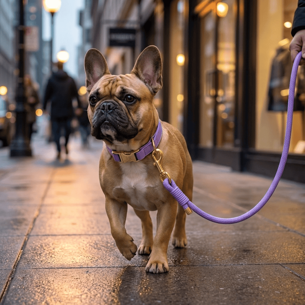 French Bulldog wearing Classic Leather Dog Collar Set with matching leash, stylish walk in urban setting.