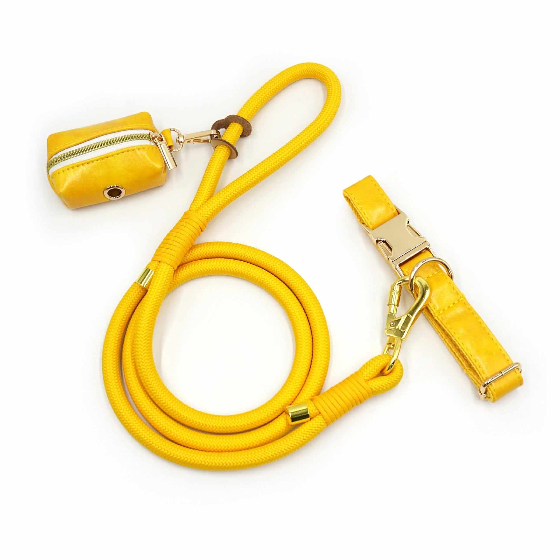 Classic Leather Dog Collar Set featuring a yellow leash, matching poop bag holder, and a stylish collar for dogs.