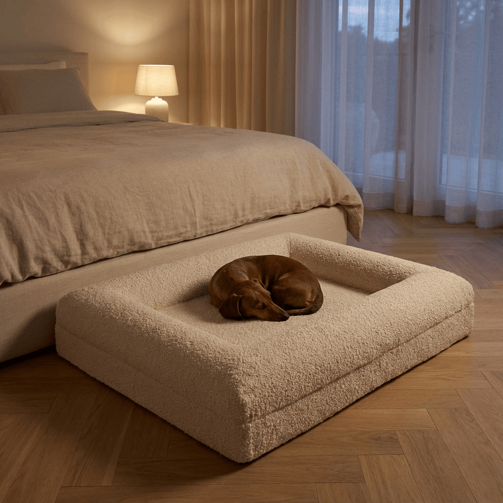 Cloud Bliss Orthopedic Dog Bed with memory foam support for dogs & cats in a stylish bedroom setting.
