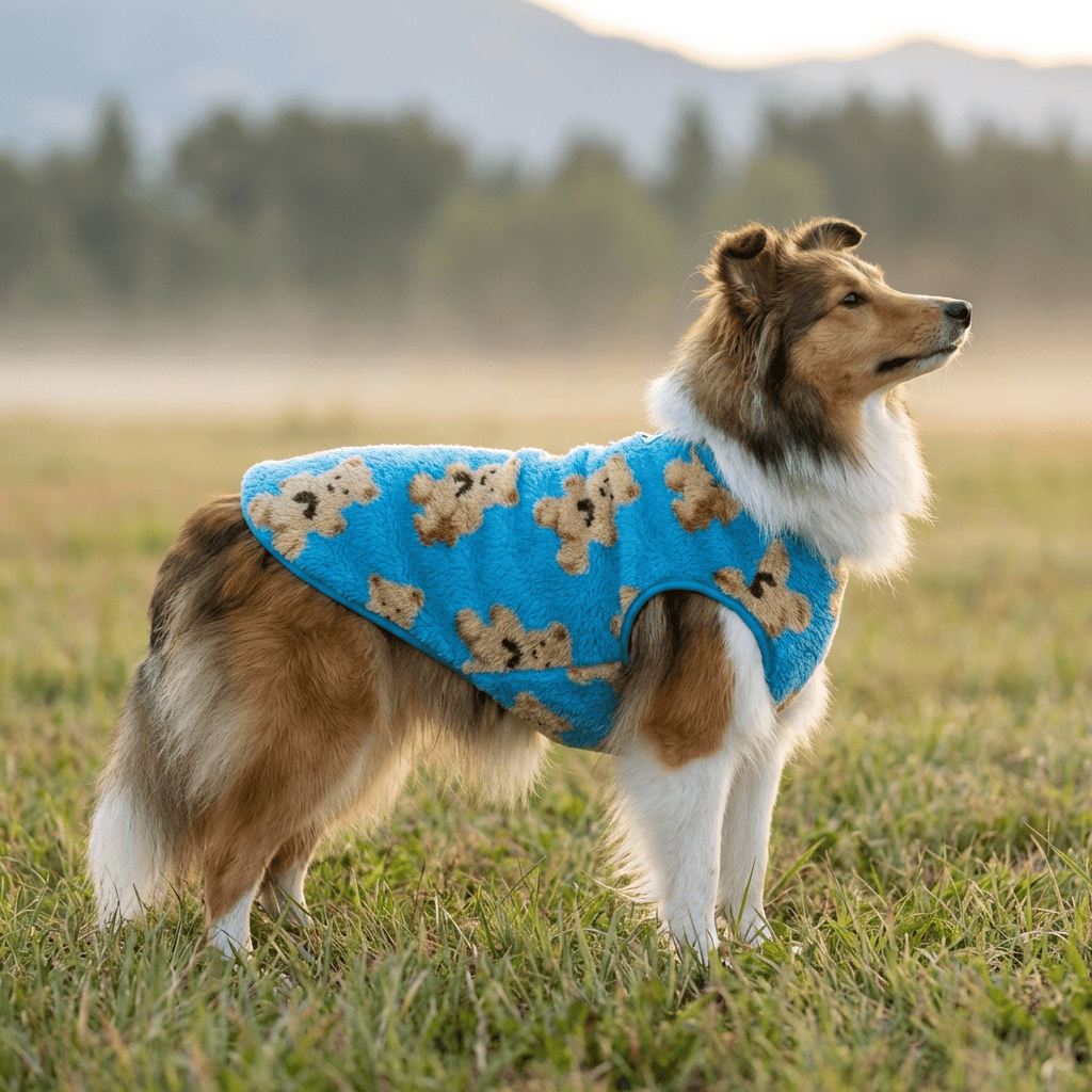 CloudFleece Comfort Vest for dogs featuring ultra-soft fleece, breathable material with cute bear pattern.