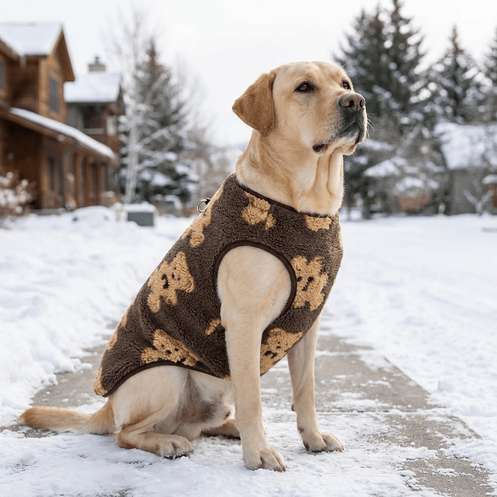 Dog wearing CloudFleece Comfort Vest, ultra-soft fleece vest providing warmth and flexibility for dogs in winter.