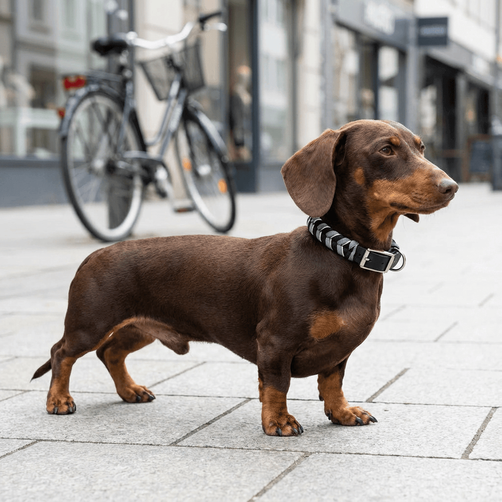 ColorSplash Handmade Dog Collar on a stylish Dachshund in a city setting, showcasing vibrant design and comfort for dogs.