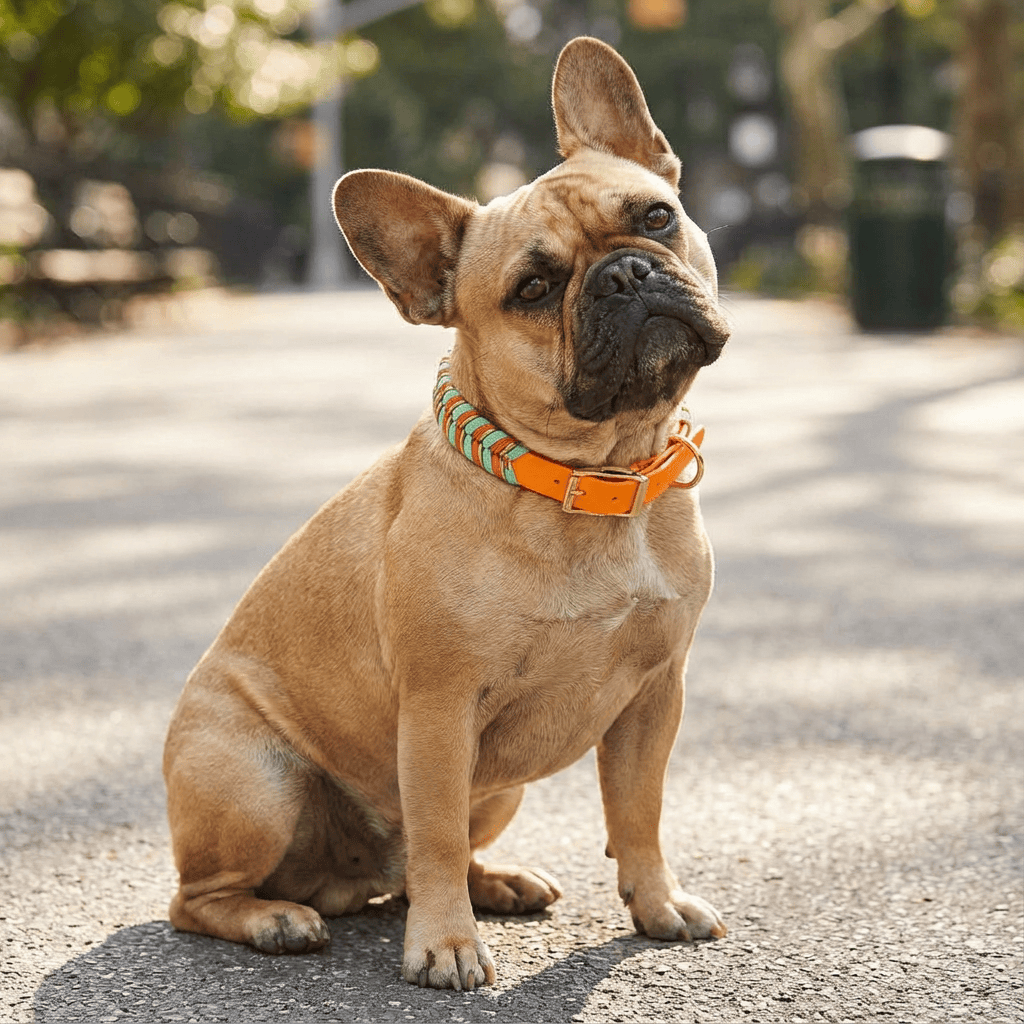 ColorSplash Handmade Dog Collar on a French Bulldog showcasing vibrant design and comfort for stylish pet walks.