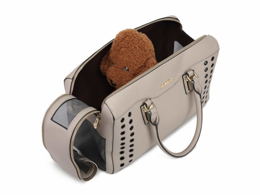 Comfort Pet Travel Tote with small dog, stylish travel bag design for dogs and cats, convenient pet carrier.