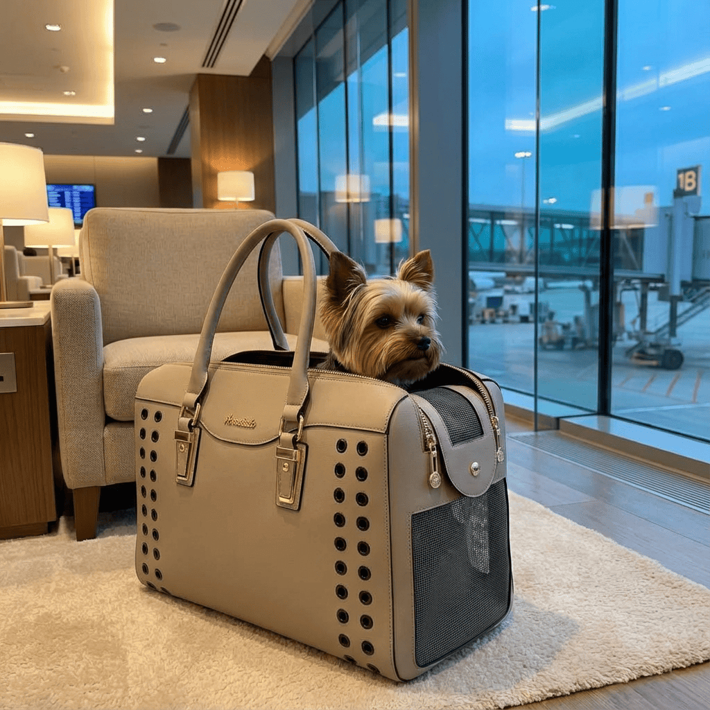 Comfort Pet Travel Tote with small dog inside at the airport, stylish, breathable design for dogs & cats.