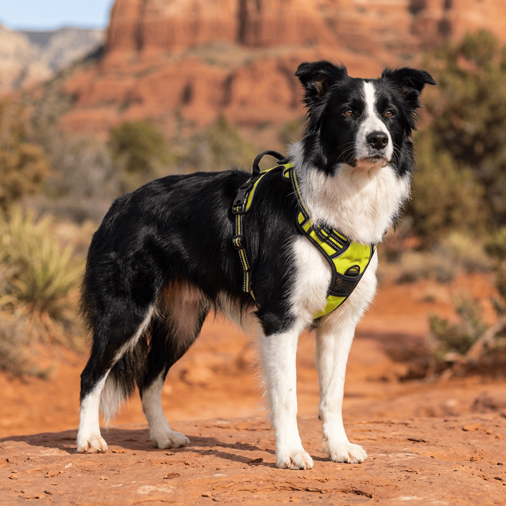 Comfortable Safety Harness for Dogs on a dog in outdoor setting, features quality nylon and a comfortable handle, Dogs & Cats brand.