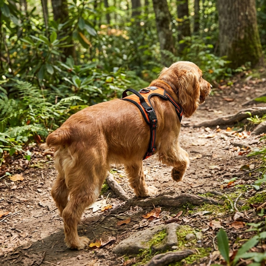 Comfortable Safety Harness for Dogs on a golden dog walking on a forest trail, showcasing its comfort and durability.
