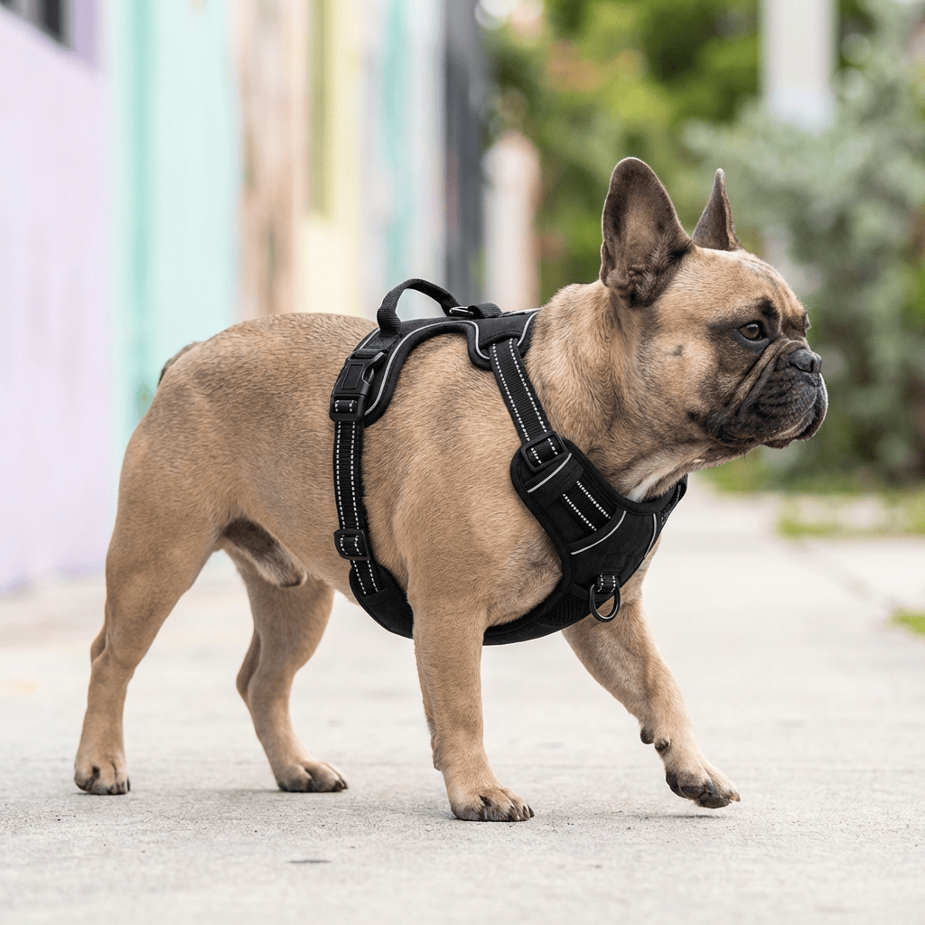 Comfortable Safety Harness for Dogs on a French Bulldog walking outdoors, featuring padded design and handle.