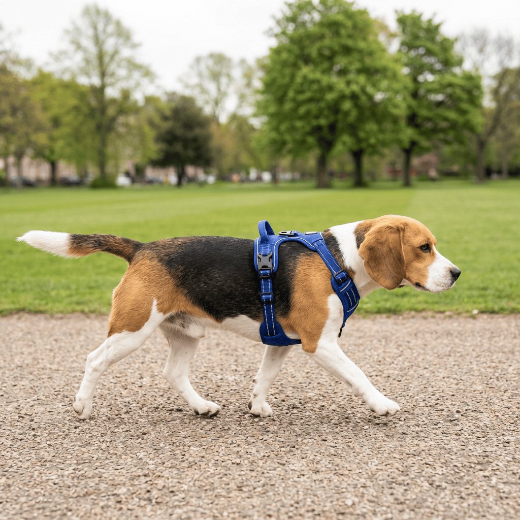 Comfortable Safety Harness for Dogs on a beagle during a walk in a park, showcasing comfort and control features.