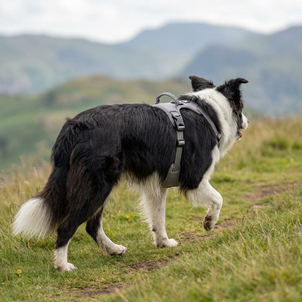 Comfortable Safety Harness for Dogs on a border collie walking on a trail, showcasing its premium features and comfort.