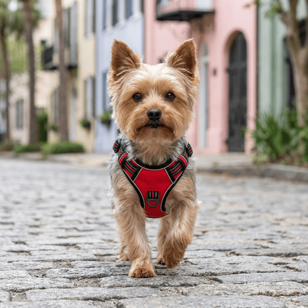 Comfortable Safety Harness for Dogs on a Yorkie's comfortable walk in a scenic cobblestone street backdrop.